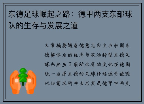 东德足球崛起之路：德甲两支东部球队的生存与发展之道