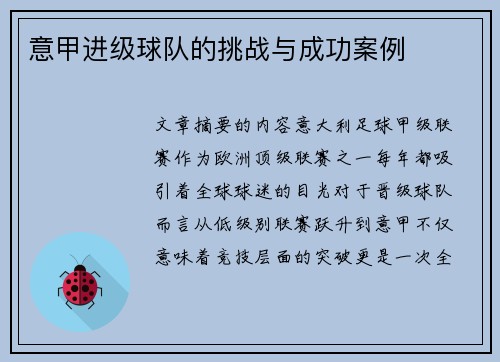 意甲进级球队的挑战与成功案例